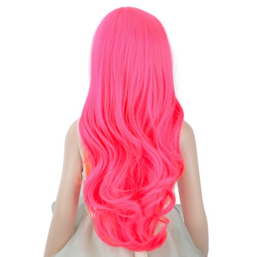 Image of Neon Pink Wig Long Hot Pink Middle Part Wig Long Wavy Curly Wigs Heat Resistant Synthetic Wigs for Daily Party Use