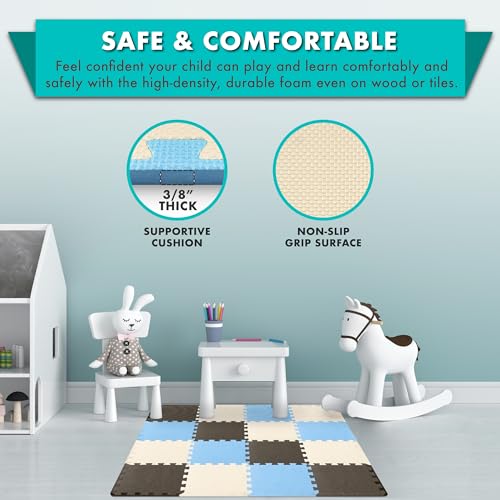 Image of ProSource Baby Play Mat, Soft Foam Floor Tiles for Kids, Interlocking EVA Panels for Playpen Use, Crawling Development Surface, Safe Non-Toxic Toddler Flooring, 16 Tiles, Blue /Brown /Beige