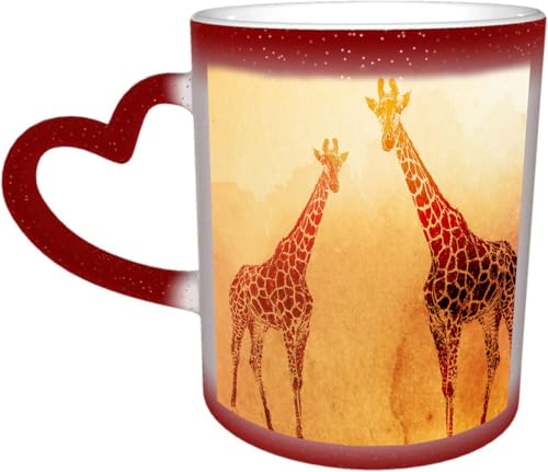 DOHXQM Taza Café cerámica, Taza de café con efecto térmico y cambio de color 330 ml Taza Mágica Regalo interesante,Jirafas de acuarela sobre textura de papel viejo