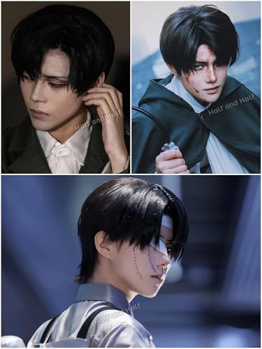 Image of Half and Half Short Black Anime A-O-T Cosplay Wig with Side Part Bangs Black Soldier Wigs Emo Costume Wigs for Halloween Party