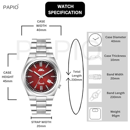 Image of PAPIO Men's Quartz Analogue Watch, Silver Stainless Steel Band, Round Dial with Date Display