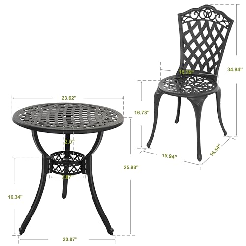 Image of NUU GARDEN 3 Piece Outdoor Bistro Table Set, All Weather Cast Aluminum Patio Bistro Sets Patio Table and Chairs Set of 2 with Umbrella Hole for Yard, Garden, Balcony, Black