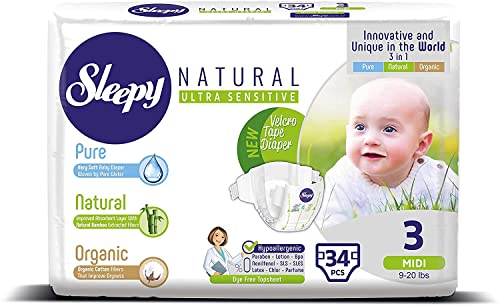 organic disposable diapers - SOHO|Sleepy Natural Baby Diapers, Made from Organic Cotton and Bamboo Extract, Ultimate Comfort and Dryness, Disposable Diapers Snuggle Diaper (Size 3 | 34 Count | Child Weight 9-20 lbs)