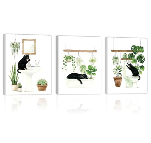 Image of CHDITB Black Cat Bathroom Canvas Wall Art Set of 3, Funny Cat Watercolor Painting, Botanical Cats Wall Decor, Boho Plants Poster, Cute Kitten Art Prints For Restroom Laundry Room Decor(12X16 Inch)