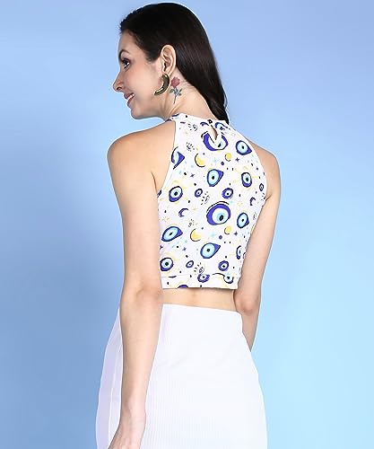 Image of POPWINGS Women Casual Yellow Eye Printed Sleeveless Halter Neck String Knot Crop Top | Women Tops | Women Regular Tops | Women Tops | Women Stylish Tops