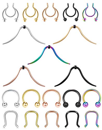 EVELICAL 20Pcs 16-20G Stainless Steel Fake Nose Ring Hoop for Men Women Faux Lip Ear Septum Ring Non-Pierced Clip On Moon Nose Rings Body Jewelry