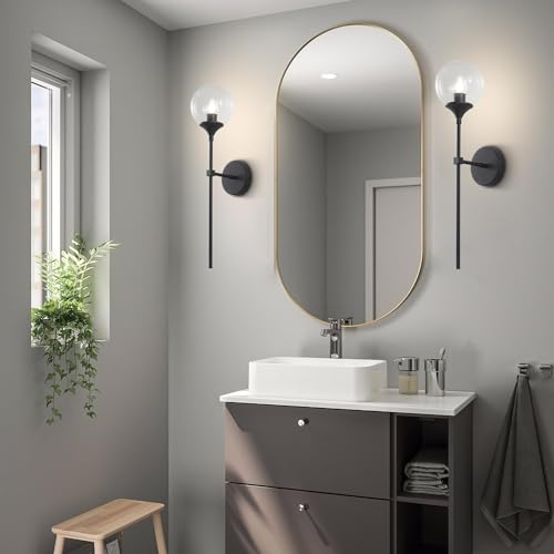Image of KCO Lighting Matte Black Industrial Wall Sconces Set of Two 1-Light Mid Century Bathroom Wall Mounted Light Sconce Modern Clear Bubble Glass Globe Wall Sconce Lamp Set of 2