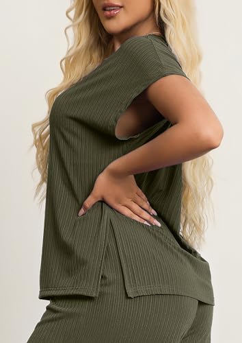 Women's 2 Piece Plus Size Lounge Set Summer Cap Sleeve Top Wide Leg Pants Matching Set Sweatsuits Outfits Tracksuit2