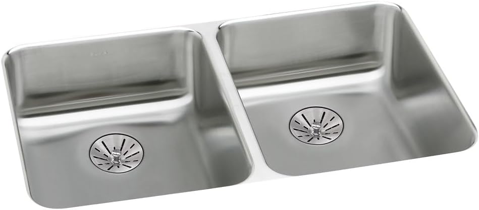 Top-down view of the Elkay ELUHAD321655PD double bowl stainless steel sink with Perfect Drains