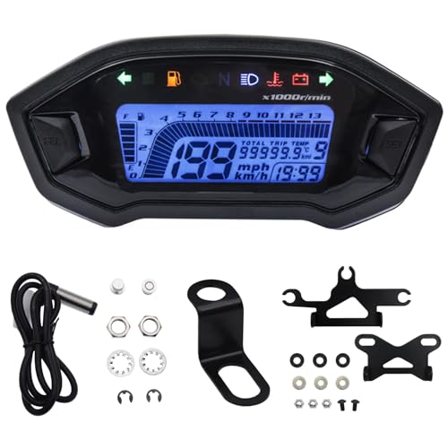 Geloo Velocímetro para Motocicleta, Cuentakilómetros 13000 RPM Tacómetro Universal LCD Digital Odómetro 7 Colores Retroiluminación Medidor con Sensor de Velocidad y Soporte