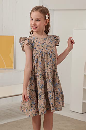 GORLYA Girls Floral Print Ruffle Sleeve Tiered Loose Fit Pleated Swing Midi Dress 4-14T3