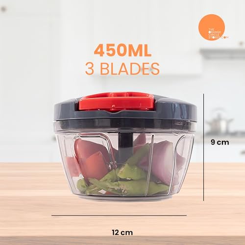 Image of Manual Veg Chopper 450 ML | Mini Handy Vegetable & Fruit Cutter with 3 Stainless Steel Blades | Onion, Garlic, Nuts & Salad Maker for Kitchen (Grey)