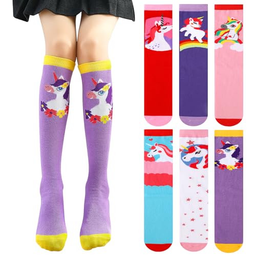 PHOGARY 6 Pairs Girls Knee High Socks, Cute Socks Colorful Cartoon Animal Warm Cotton Socks Crazy Funny Kids Odd Socks Mid Calf Long Boot Socks for 3-12 Years Girls, One Size (B)