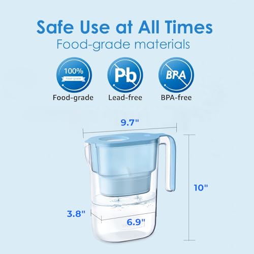 Waterdrop Water Filter Pitcher with 1 Filter, 5X Times Lifetime, Lasts 200 Gallons, for Fridge, Countertop and Gift, Reduces PFOA/PFOS, Chlorine, 7-Cup Capacity, Elfin, Blue