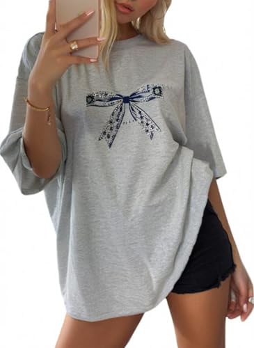 KLZELZS Womens Vintage Bowknot Graphic Tee Shirt Summer Short Sleeve Loose Casual Basic Tee Tops Fit Shirts Oversized Baggy Shirts Grey