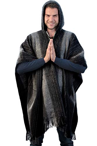 Alpaca Hooded Poncho for Men- Wool Cape with Hood - Winter Long Poncho - Comfortable House Coat (Black)