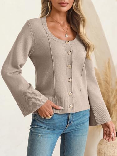 Saodimallsu Womens Bell Sleeve Cardigan Sweaters Button Down Long Sleeve Fall Trendy Sweaters 2025 U Neck Knit Outwear2