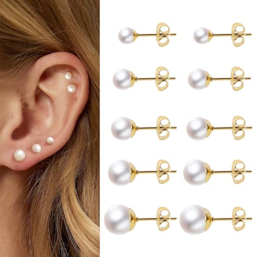 QIBZI Pendientes para mujer,5 pares de pendientes de perlas, pendientes retro grandes redondos