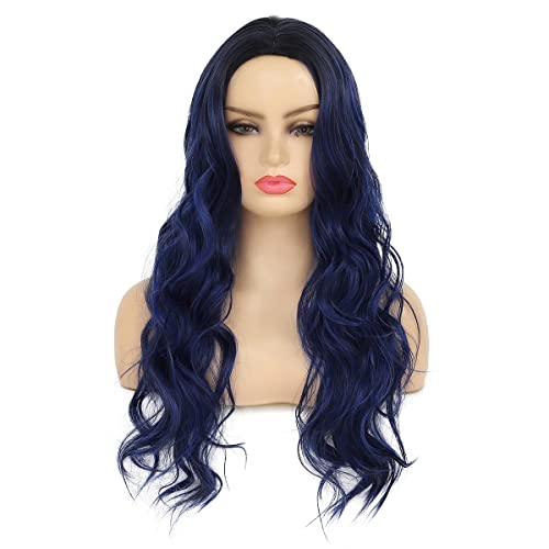 Baruisi Ombre Blue Wig Long Curly Wavy Synthetic Dark Roots Wigs for Women Middle Parting Costume Cosplay Hair Wig 25"