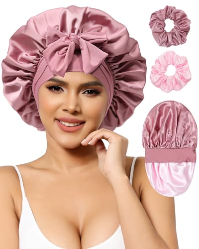 Satin Bonnets Silk Bonnet for Sleeping Women Hair Bonnet for Curly Hair Sleep Cap Reversible Double Layer Bonnets with Tie Band (Bean Paste Pink Bonnet + Satin Scrunchies)