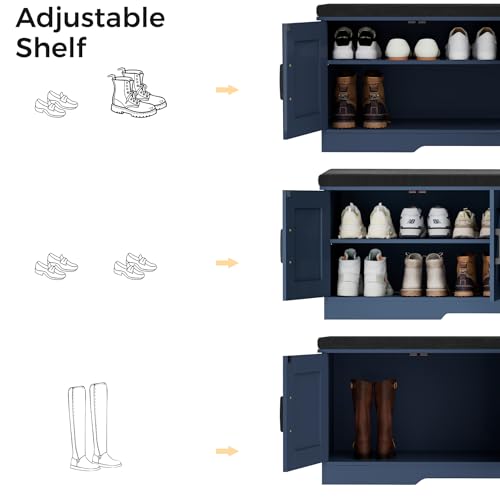 Image of HOMSHO Farmhouse Shoe Storage Bench with 4 Barn Doors & Padded Seat Cushion | 47.2 inch Wide Entryway Bench with Adjustable Shelves & Hidden Storage, Blue