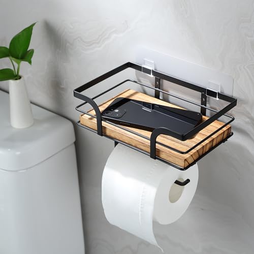 RUICER Toilettenpapierhalter Ohne Bohren mit 2 Montagemethoden, Holz Klopapierhalter & Klopapier Aufbewahrung mit Feuchttücherbox, Toilettenpapier Halterung Wandhalterung