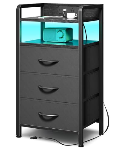 Lazzanto Night Stand Bedside Charger Bedroom - Nightstand with Charging Station & LED Light Strip, Night Stand with Storage Shelf & 3 Fabric Drawers, Morden End Table with U-S-B Ports & AC Outlets