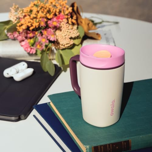 Image of Owala SmoothSip Slider Stainless Steel Insulated Travel Mug, 100% Leak Proof, For Hot and Cold Drinks, Travel Friendly with Sliding Lock Lid, 12oz, BPA Free, Leak Proof, Pink /Tan (Daybreak)