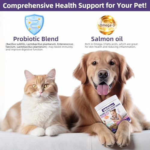 GMStahlei Hunde Allergie Kautabletten - Omega-3 Fischöl, Probiotika & pflanzliche Zutaten - Linderung bei saisonalen Allergien, juckender Haut & Ohren - Unterstützt Verdauung & Immunsystem - 300g