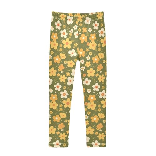KLL Retro Green Floral Girls Basic Leggings Stretchy Full Length Athleisure Pants Running