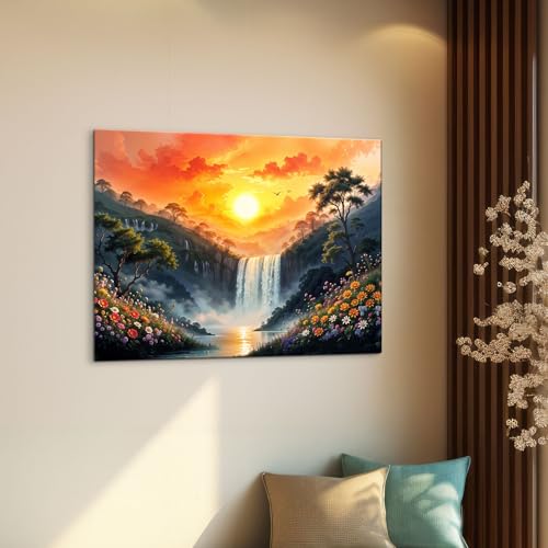 Image of ArtX Canvas Rising Sun Painting For Vastu, Big Size Wall Art Scenery, Water Stream, Waterfall Painting Vastu, Rising Sun Wall Decor, Multicolor, Nature, 58.0 X 45.0 cm, Set of 1