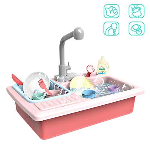 deAO Kinderspielset Pretend Kitchen Sink mit simuliertem Wasserhahn und enthaltenem Küchenzubehör - Rot - 4