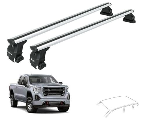 Roof Rack Cross Bars for GMC Sierra 1500 – 3rd Gen (2014–18) & 4th Gen (2019–25), Fits Bare Roof Clamp-On 330 lbs Load Aluminum T-Slot Lockable No-Drill (Silver)