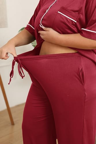 Image of Vozanet Women's Plus Size Pajamas Button Down Shirt and Pants Soft Lounge Sets Bride Nighty Bottom with Pockets 1x to 5x