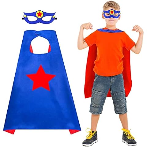 Superhero Cape & Mask Fancy Dress Up Boys Costume Set For Kids 3-10 Years Roleplay Hero (Double Sided Red & Blue Cape With Star) Cover