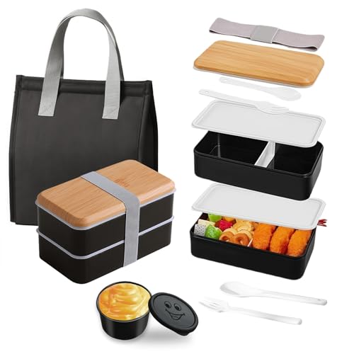 Aiuuee Porta Pranzo Set, 1400 ml Lunch Box Ermetico 2 Scomparti con Borsa Termica e Posate, Schiscetta Portapranzo Ermetico per Microonde e Lavastoviglie, Bento Box per Lavoro Picnic Ufficio (Nero)