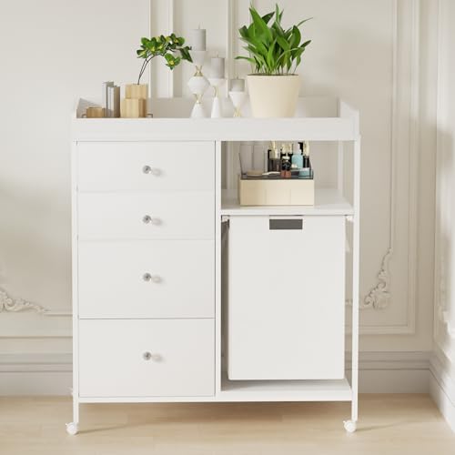 Image of 4-Drawer Storage Changing Station Dresser with Changing Table Top Mobile Baby Nursery Dresser with 1 Open Shelf and 1 Laundry Hamper Diaper Changing Station for Infant,White