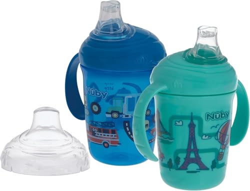 Nuby No-Spill Two Handle Baby’s First Soft Spout Cup with Hygienic Cover | 2 Pack Printed: Aqua Travel & Blue Car Prints | 8oz/ 240 ml | 4+ Months | 2 pack
