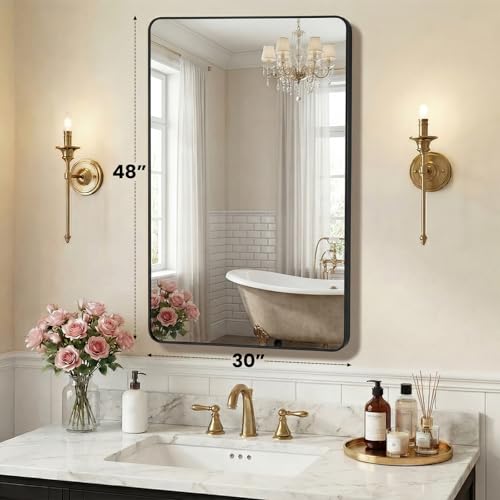 Image of NEWBULIG 30X48 Inch Bathroom Mirror, Rectangle Wall Mirror with Rounded Corners, Black Vanity Mirrors for Bathroom Sink with Metal Frame for Bedroom, Entryway, Hangs Horizontally or Vertically