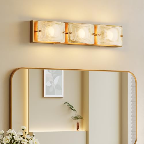 Tribesigns 3-Light Vanity Fixtures, Curved Cloud Glass Lampshades Gold Copper Plate, Modern Bathroom Wall Lighting Fixtures Over Mirror, 3CCT LED Vanity Lights (22-Inch, 3000K/4000K/5000K, Dimmable)