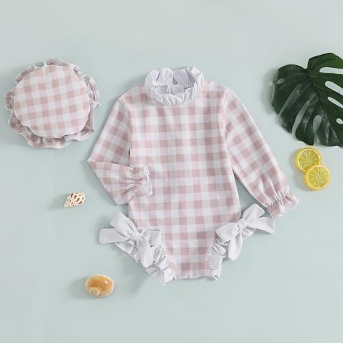 Toddler Baby Girl One Piece Swimsuit Checkered Print Long Sleeve One Piece Rash Guard Ruffle Swimsuit with Hat Set2