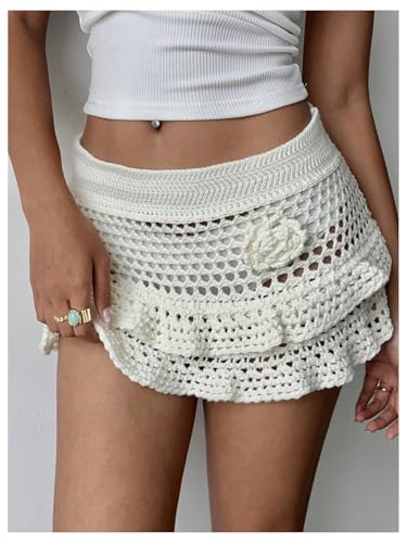 Milumia Women's 3D Floral Crochet Mini Skirt Low Waist Ruffle Layered See Through Beach Skirts4