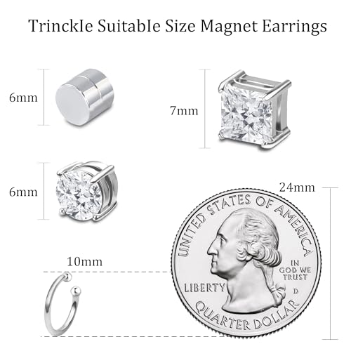 Magnetic Earrings for Men and Women, 4 Pairs Clip on Earrings Stainless Steel Stud Earrings Hypoallergenic Cubic Zirconia Studs Small Non-piercing Silver Ear Cuff Black Fake Earring Set 6-8MM4