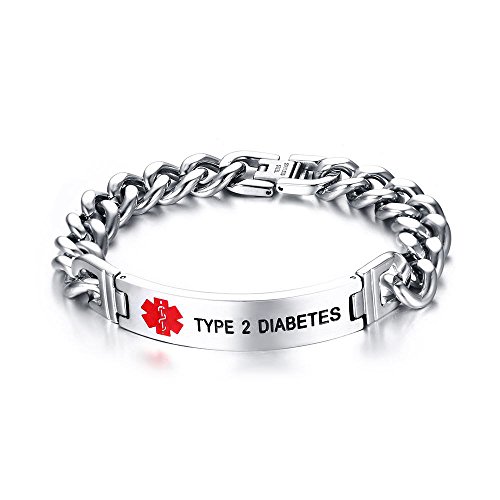 VNOX Type 2 Diabetes Bracelet Stainless Steel Medical Alert ID Bracelet for Unisex 8.3
