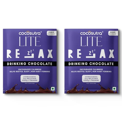 Image of COCOSUTRA LITE | RELAX - Sugar Free Drinking Chocolate Mix - Trial Pack | Melatonin Support for Restful Sleep | Added Ashwagandha| Non Habit Forming | Ages 14 & Up | Keto Friendly | Ready in 2 Minutes | Enjoy hot or cold | 2 Sachets | 20g each