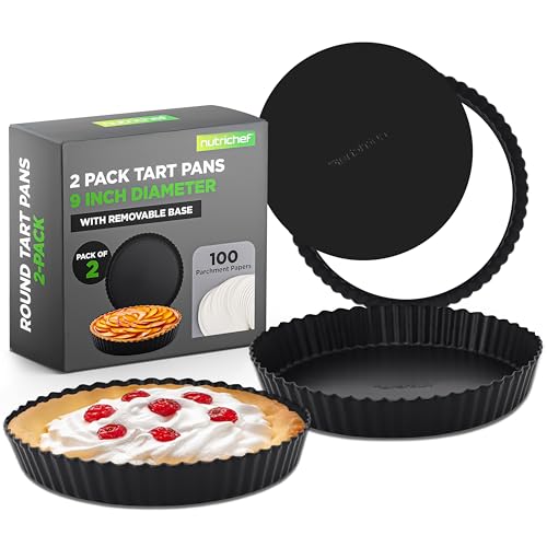 Nutrichef 2 Moldes De Tarta Desmontables Para Repostería, Ideales Para Quiche Y Bizcochos, De 23 Cm, Acero Al Carbono Antiadherente Con Distribución Uniforme Del Calor, Incluye 100 Papeles Pergamino