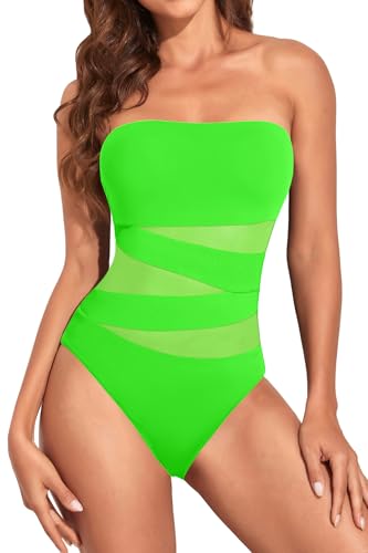Image of Holipick Women Sexy One Piece Swimsuit Strapless Bathing Suits | Bandeau Neckline, Mesh Cutout Design, Push Up Removable Pads, High Cut, Removable Straps, Pool Beach Cruise Resort