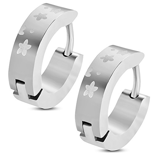 BlackAmazement Juego de 2 pares de pendientes de aro de acero inoxidable plateados con estrella de mar y estrellas brillantes para hombre y mujer Cover