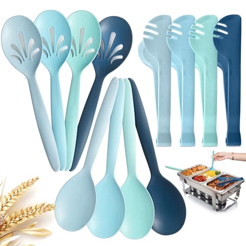 RayPard Reusable Plastic Serving Utensils Set of 12, Wheat straw Large Serving set 10" Serving Spoons/10" Slotted Spoons/9.4" Tongs, for Party Buffet Catering (Ocean, Not for Cooking)