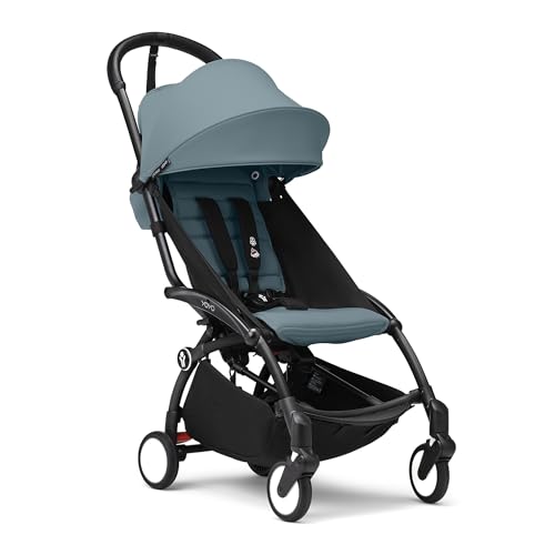 Stokke YOYO3 Stroller from 6 Months – Includes Black Frame/Aqua Seat Cushion + Canopy – Folds in & Out in a Flash – Light & Compact – Carry-On Compatible